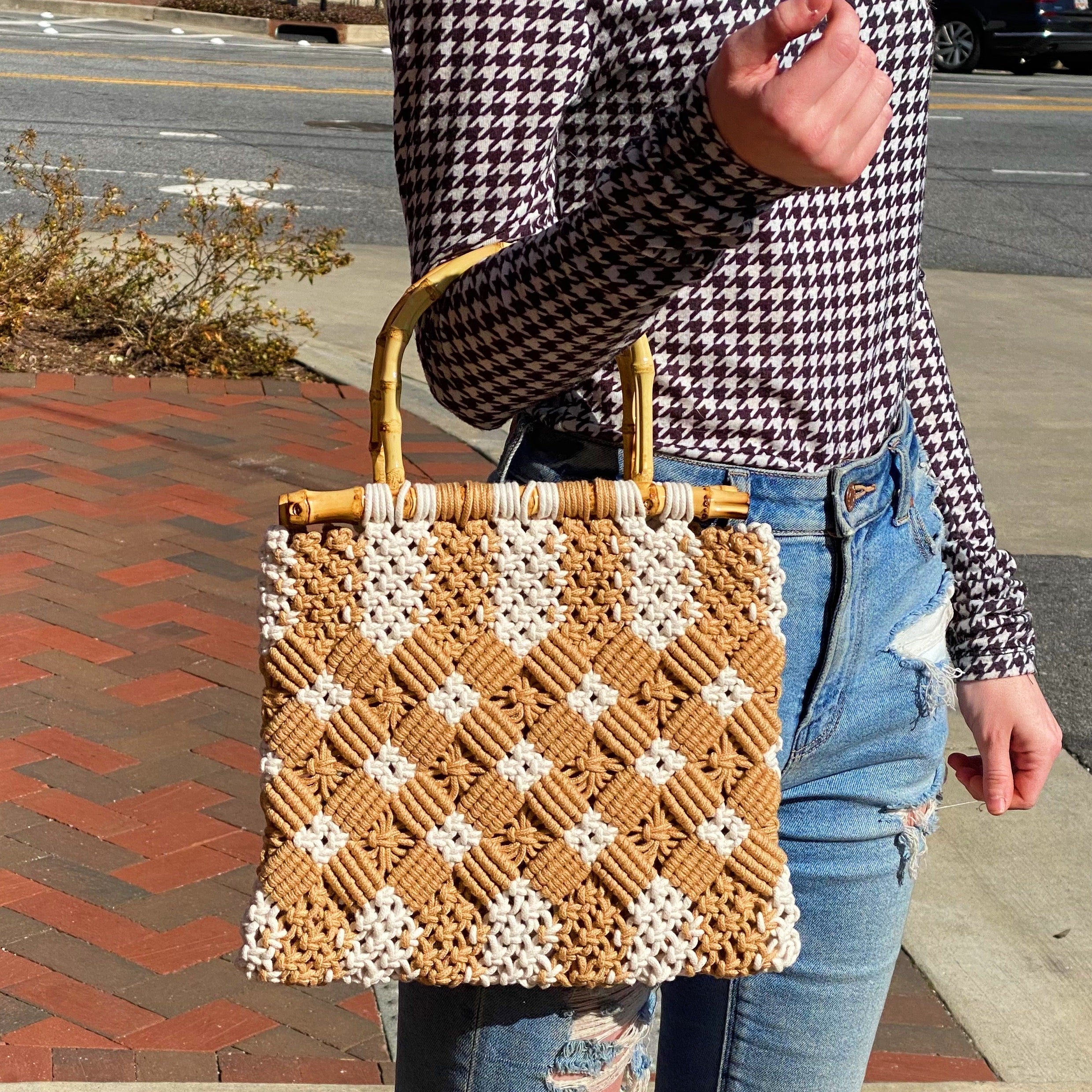 Bamboo Macramé Tote - Woven Bamboo Handle Bag