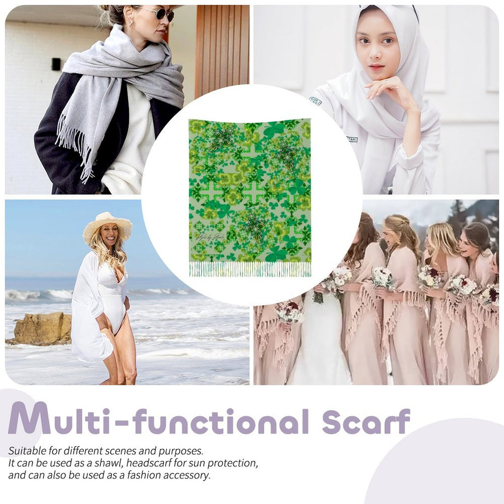 Clover and Celtic Crosses Tassel Scarf - Exclusive to Back Alley