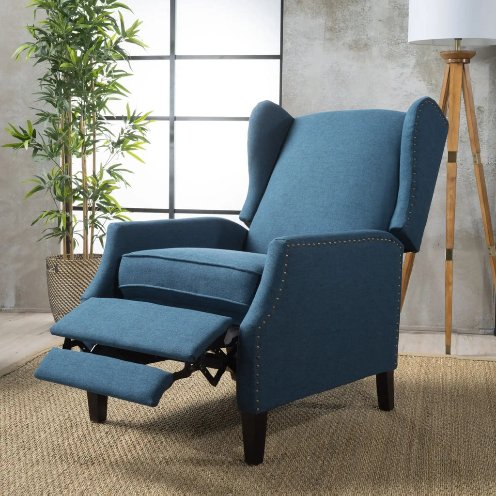 Westeros Wing Back Fabric Upholstered Recliner with Studded Trim – Multiple Colors