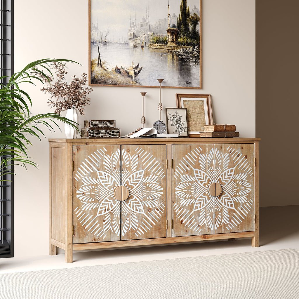 60" Wood Accent Cabinet with 4 Doors - Antique Brown and White
