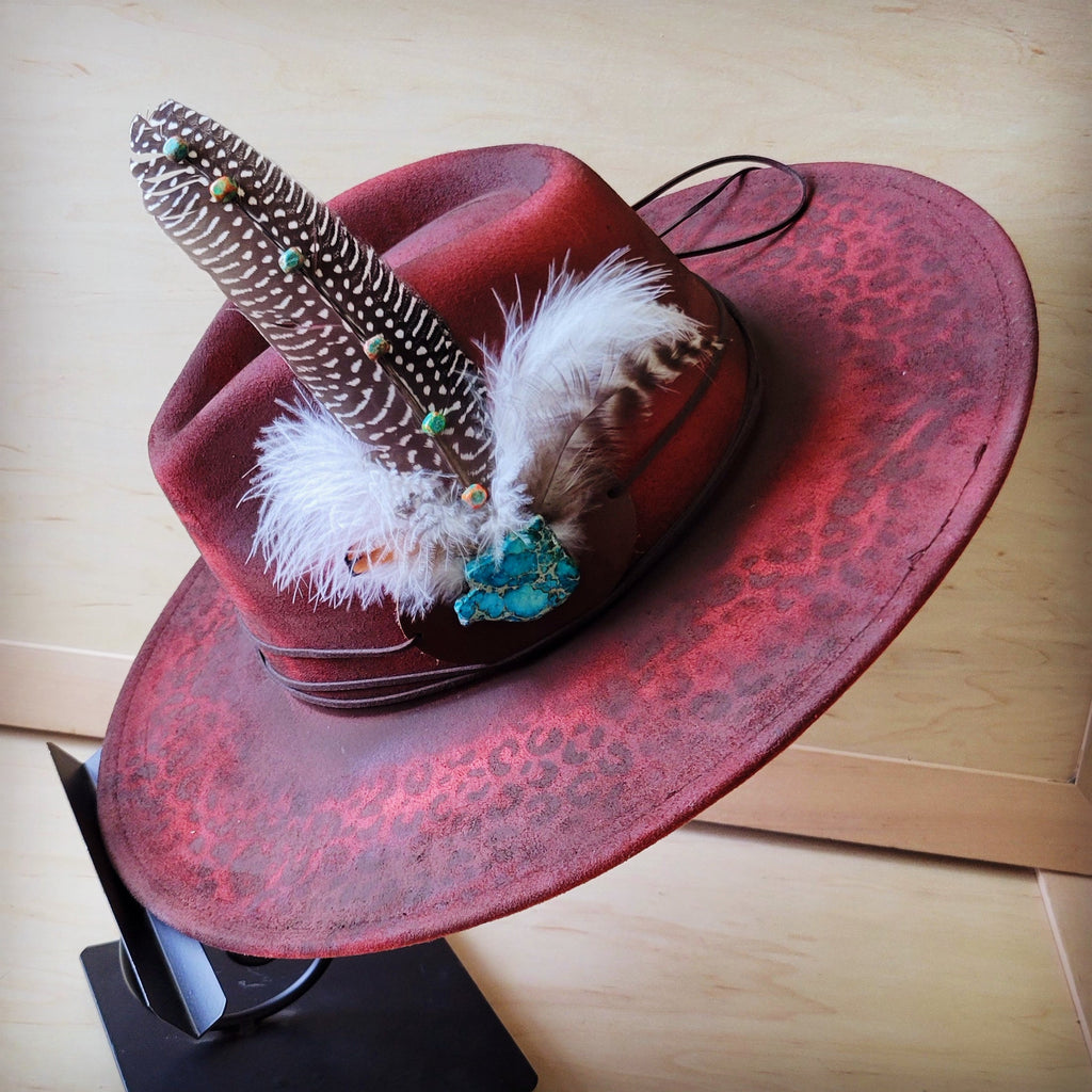 Hand-Painted Leopard Boho Western Cowgirl Hat & Band-Red 987k