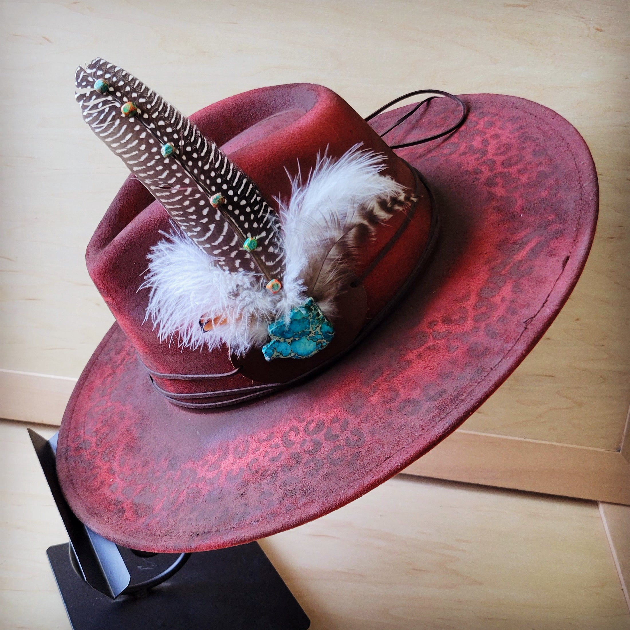 Hand-Painted Leopard Boho Western Cowgirl Hat & Band-Red 987k
