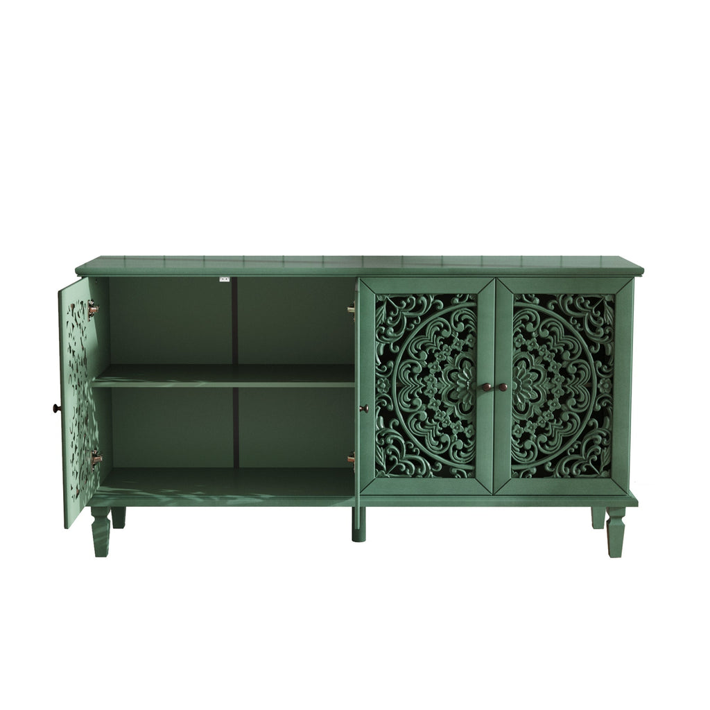 60-Inch Antique Buffet Cabinet with Floral Carvings - Antique Green