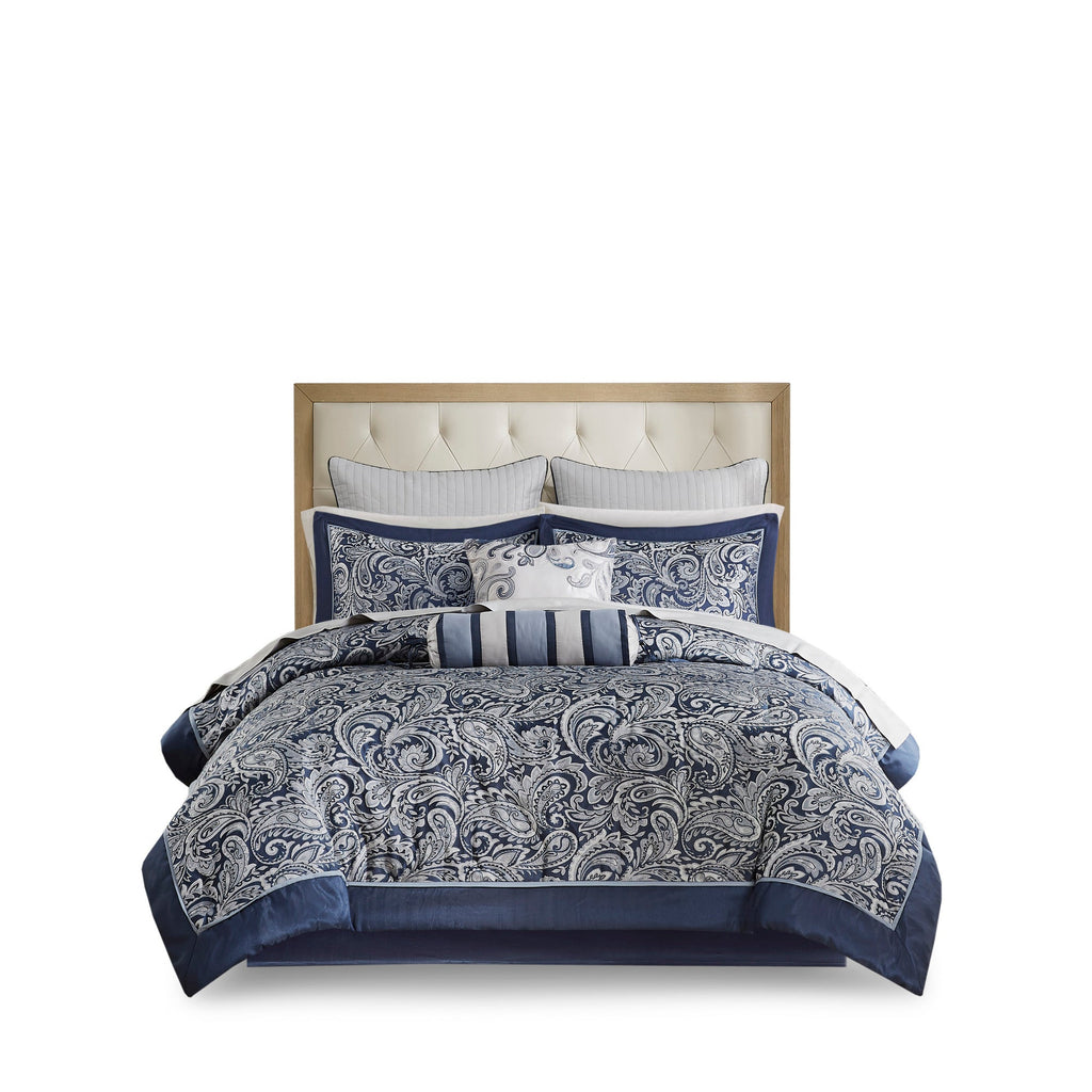 12 Piece Comforter Set with Cotton Bed Sheets Navy Cal King