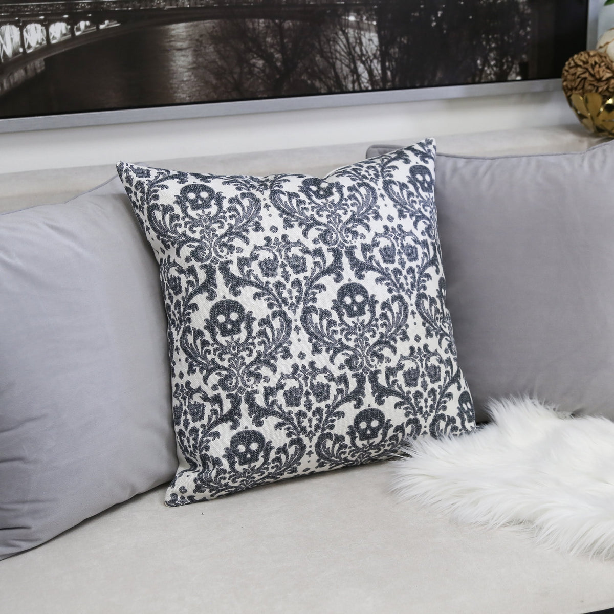 Baroque Skull Damask Accent Pillow – Black & White Day of the Dead Accent Cushion