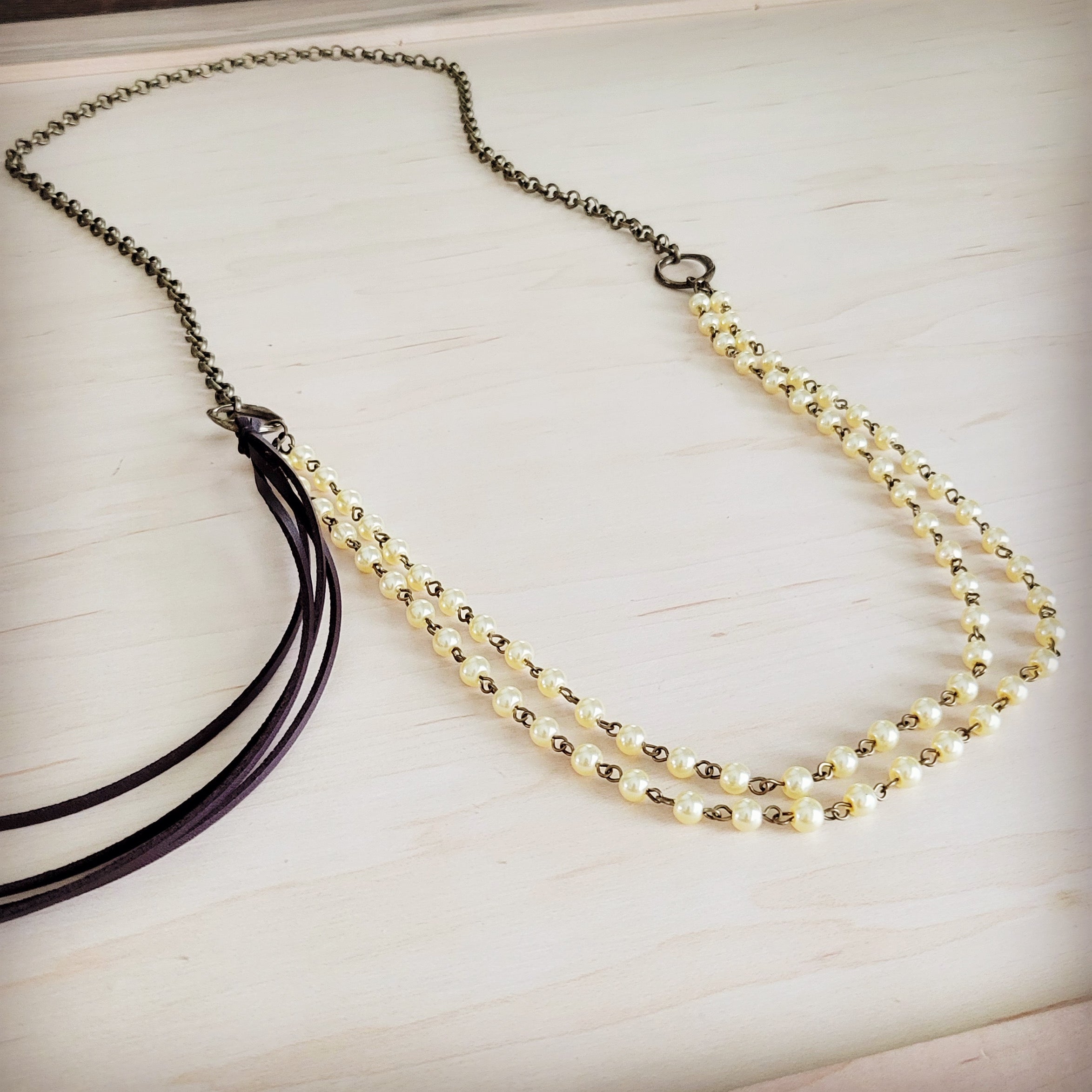 Double Strand Champagne Pearl Beaded Necklace, Leather Tassel  264s