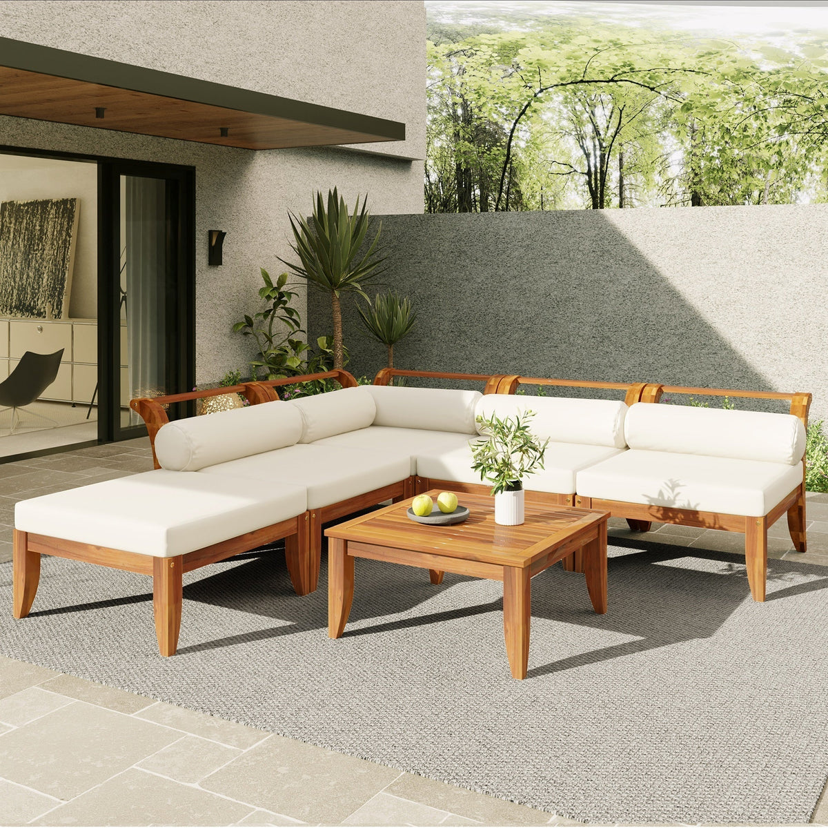 6 Piece Acacia Wood Outdoor Modular Sectional with Daybed - Teak Beige