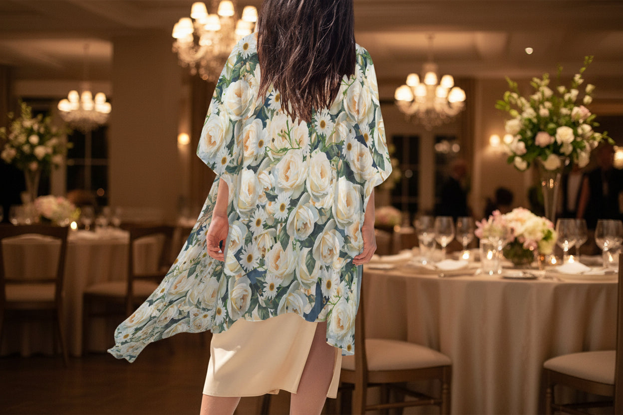 Floribunda and Indigo - Roses and Daisies -Chiffon Kimono - Women's Long Cover Up