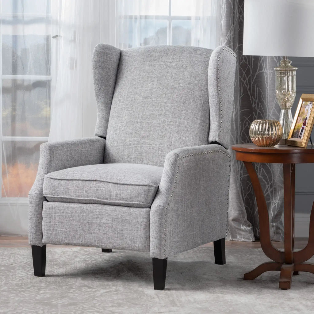 Westeros Wing Back Fabric Upholstered Recliner with Studded Trim – Multiple Colors