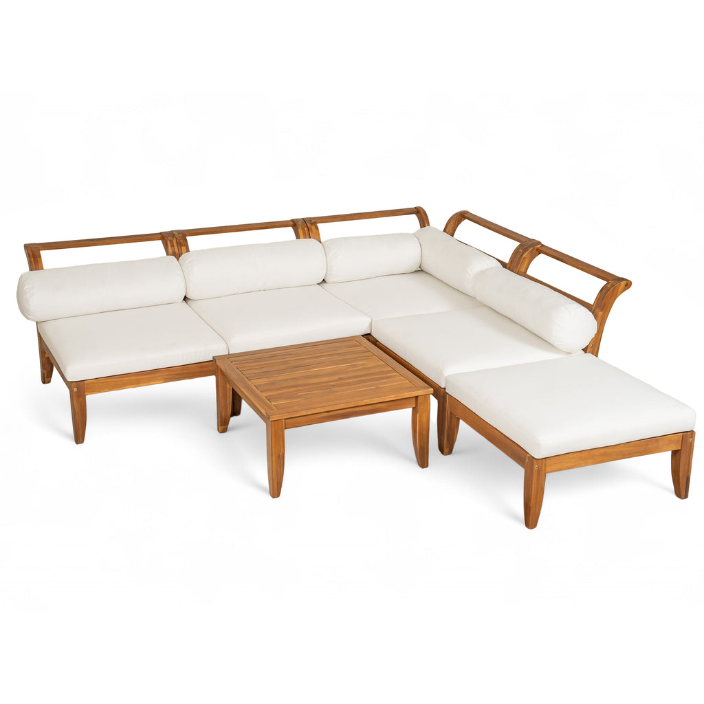 6 Piece Acacia Wood Outdoor Modular Sectional with Daybed - Teak Beige