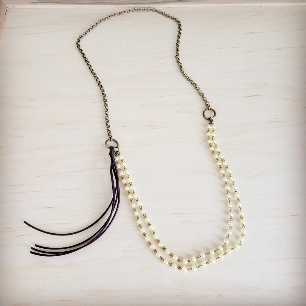 Double Strand Champagne Pearl Beaded Necklace, Leather Tassel  264s
