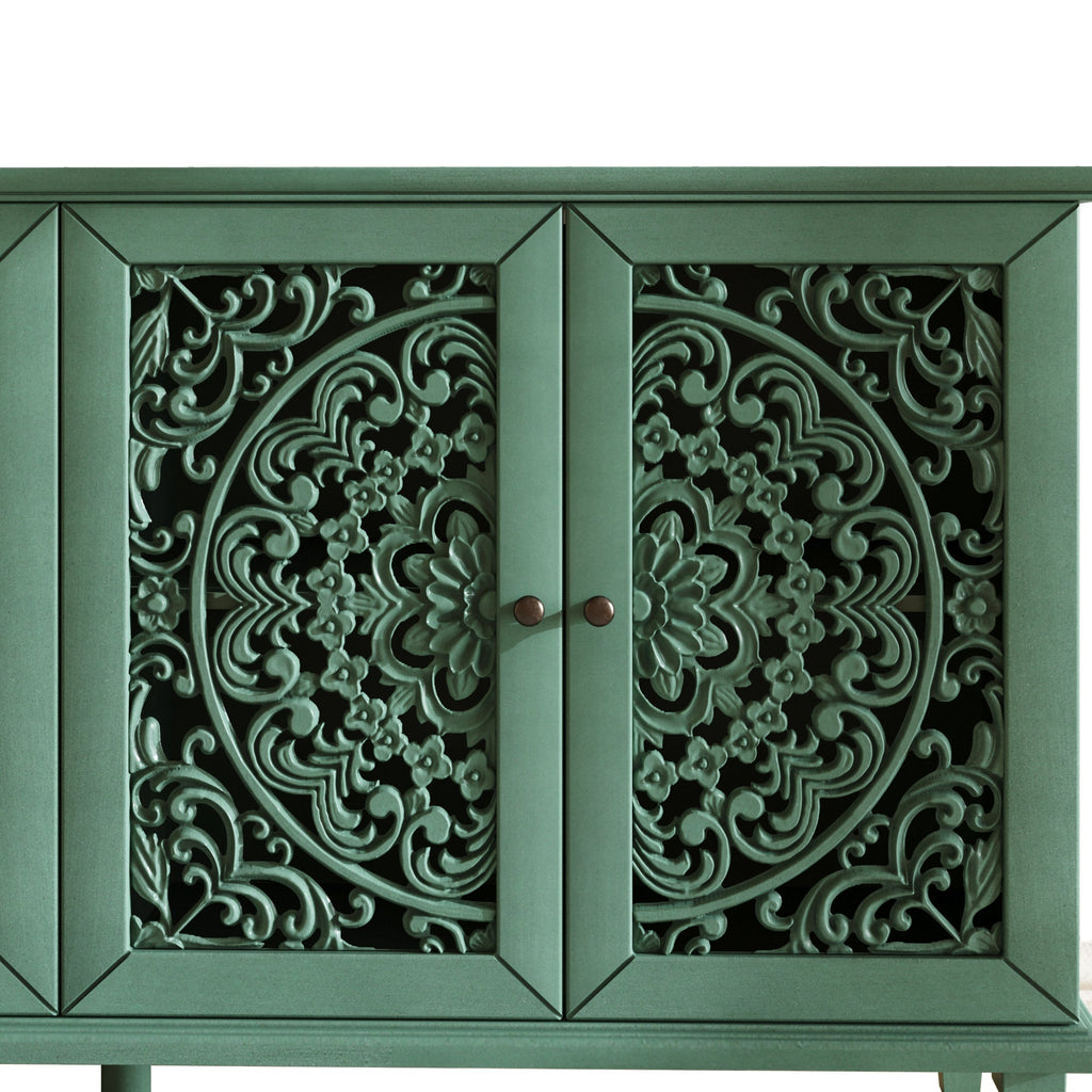 60-Inch Antique Buffet Cabinet with Floral Carvings - Antique Green