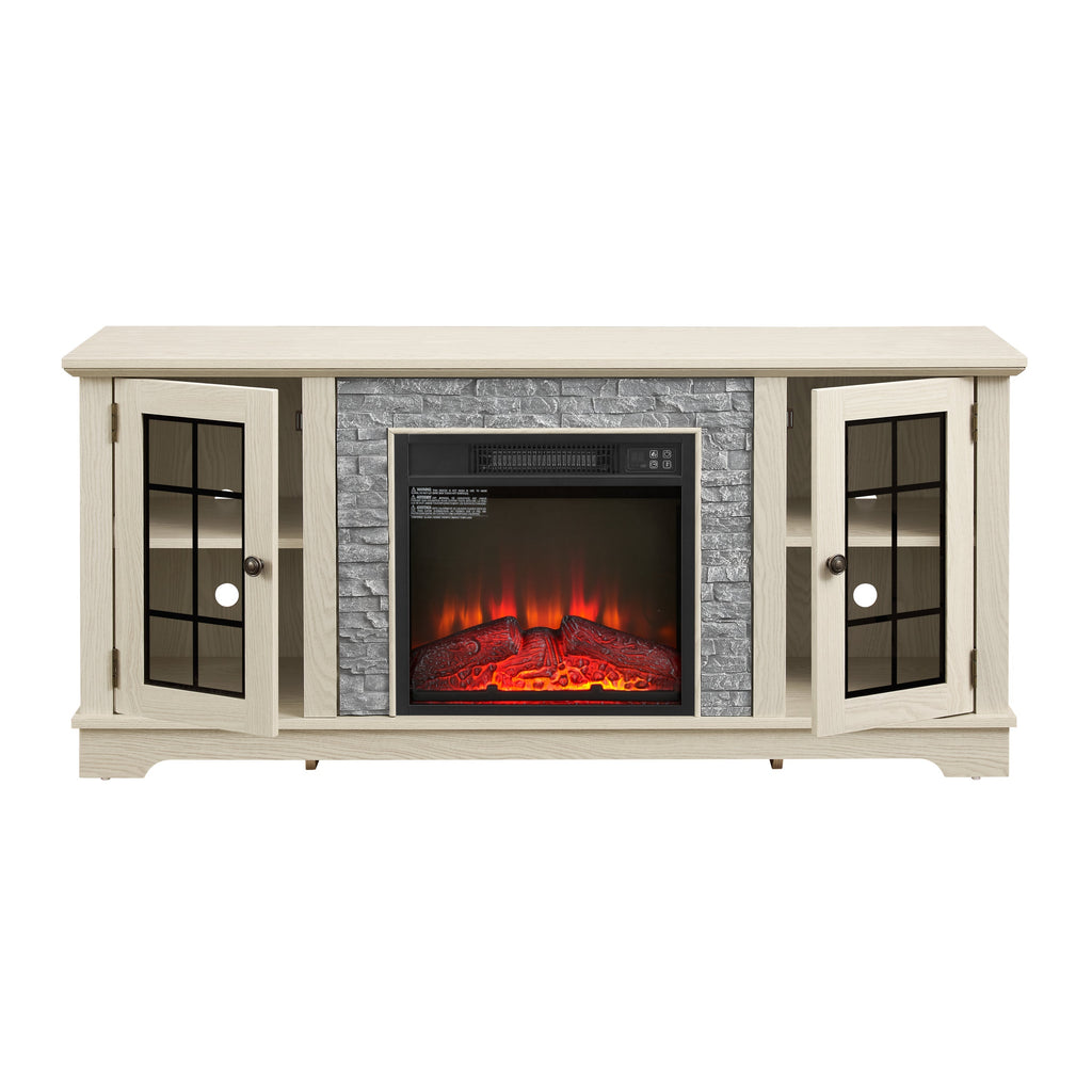 58" Modern TV Stand with Electric Fireplace and Storage - White