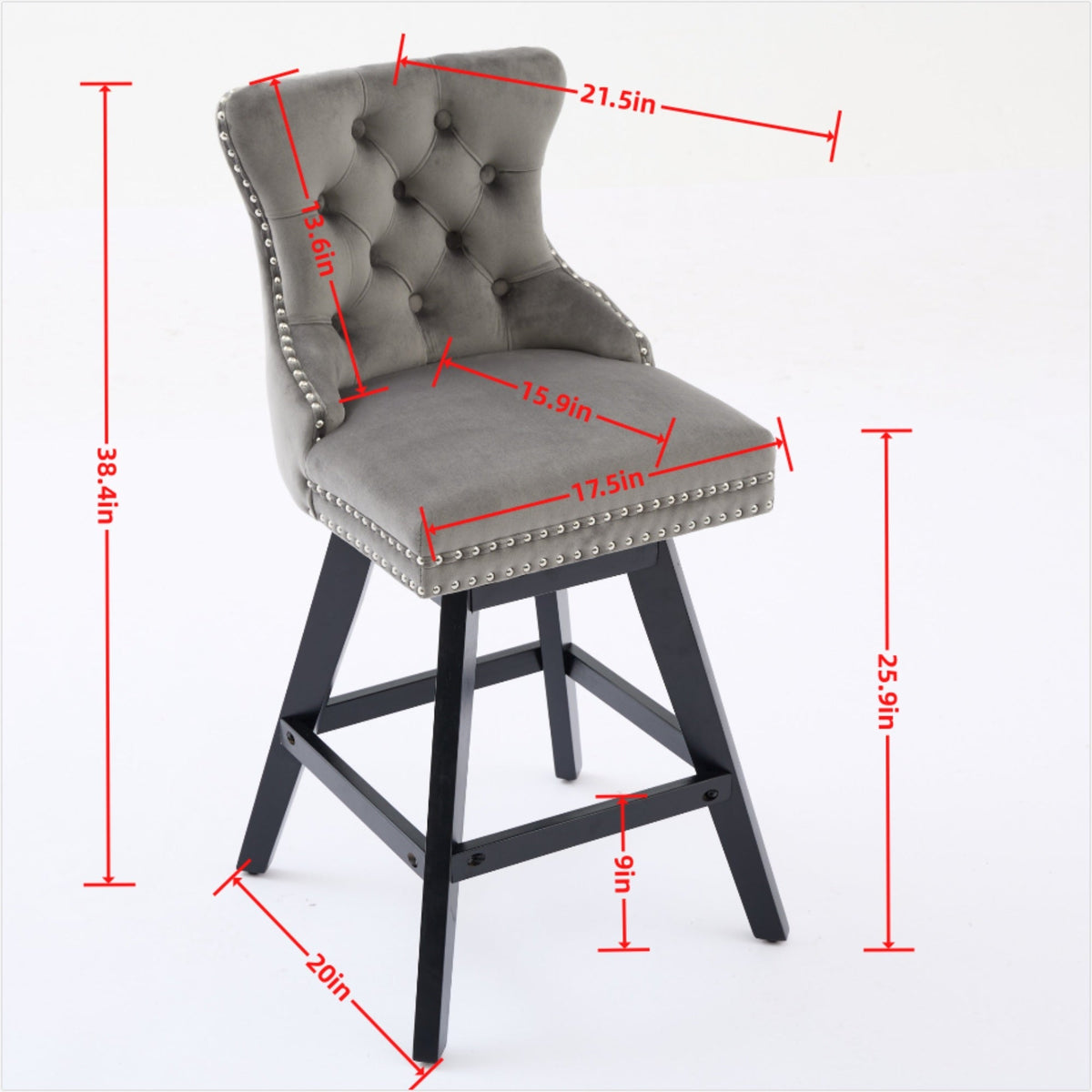 Swivel Velvet Barstools with Button Tufted Decoration - Set of 2 with 360° Swivel - Wine Red