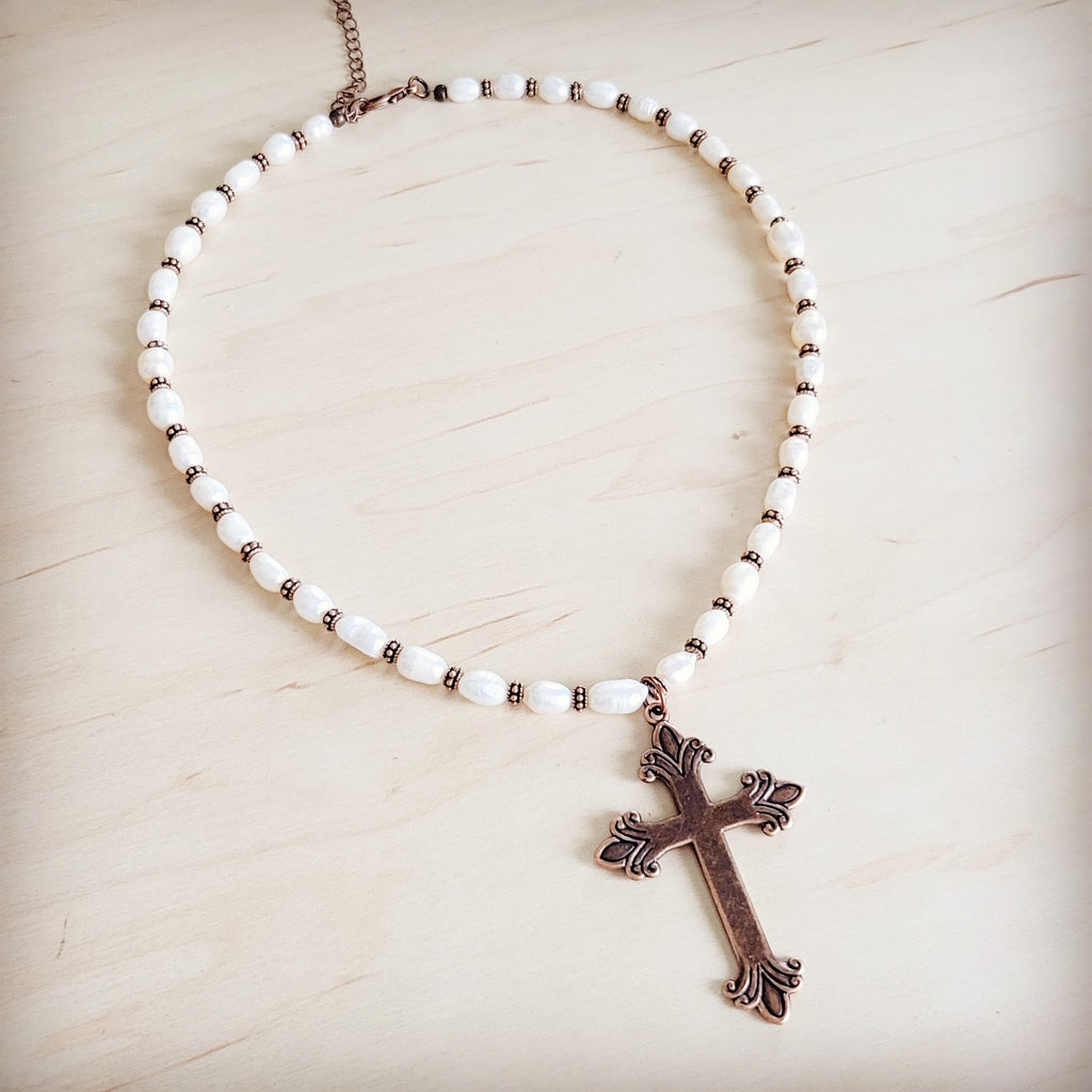 Genuine Freshwater Pearl Collar Boho Necklace w/ Cross 263s