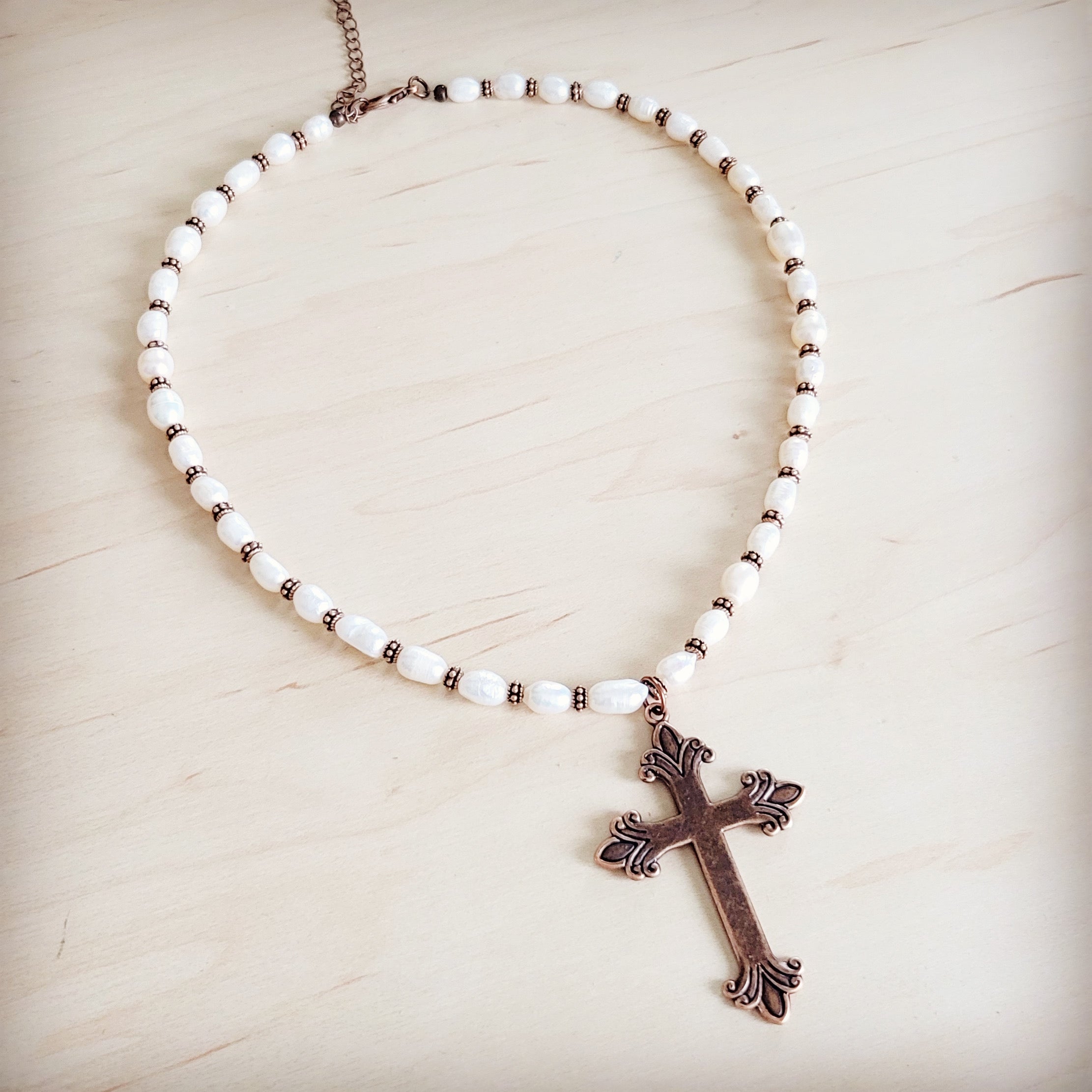 Genuine Freshwater Pearl Collar Boho Necklace w/ Cross 263s