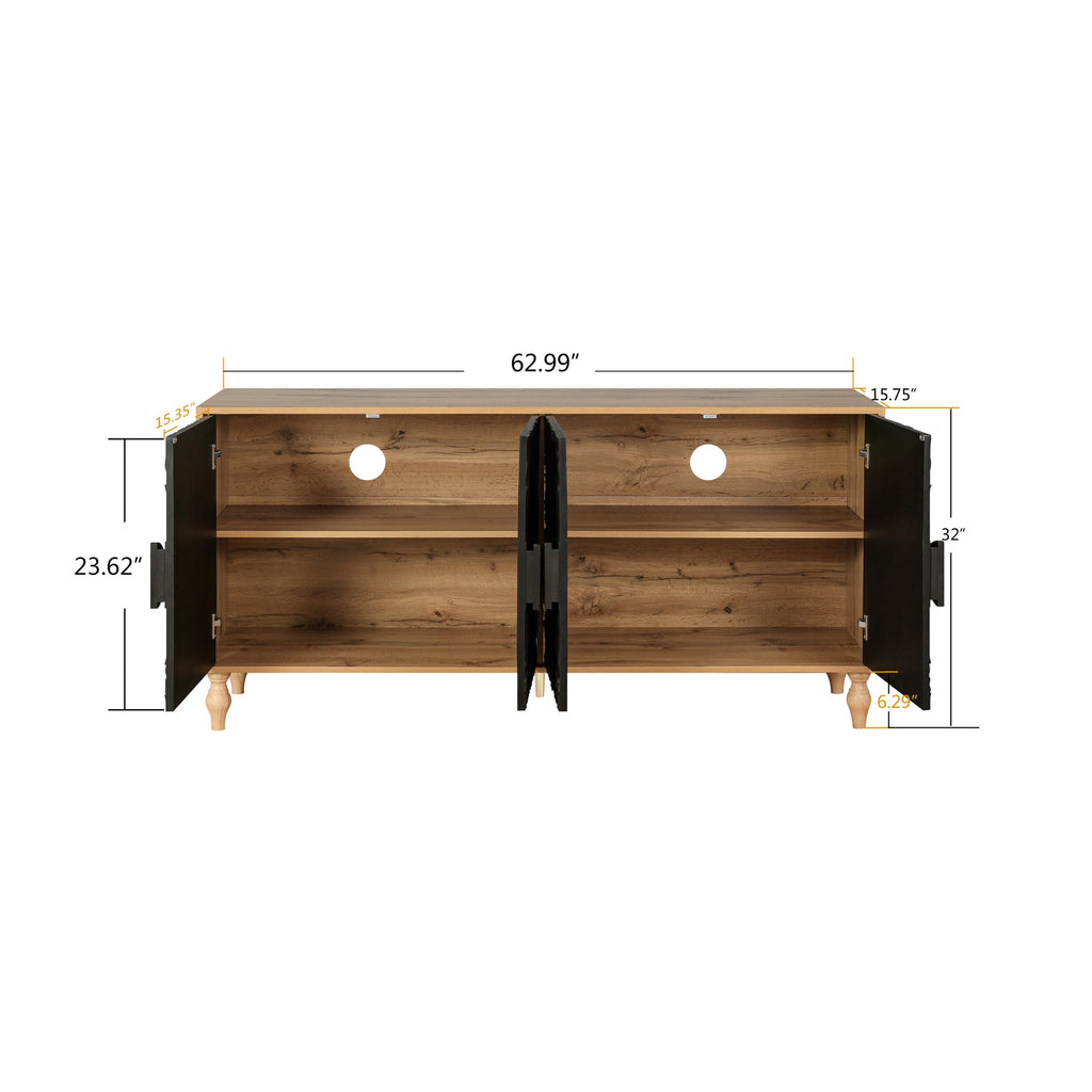 Black Carved Door TV Stand with Adjustable Shelves - Black & Natural