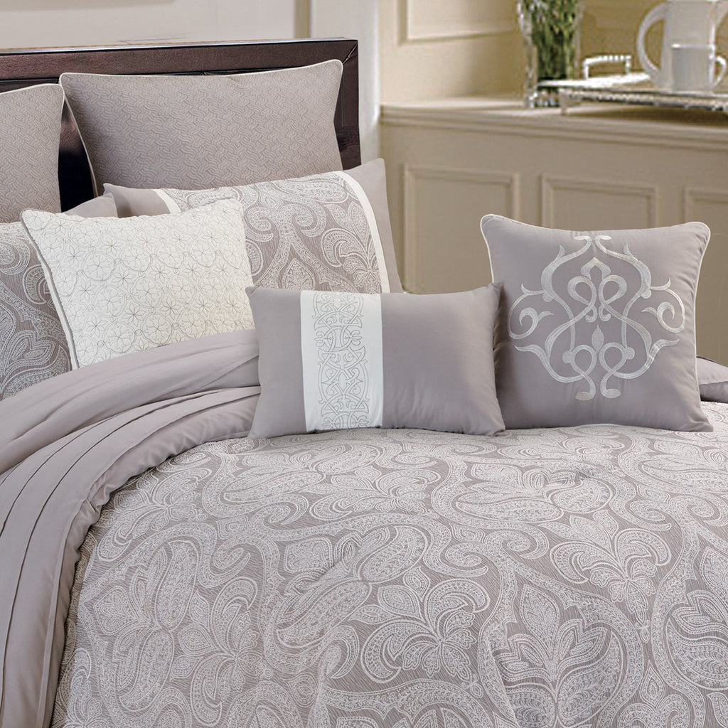 Grey Damask Jacquard 9 Piece Comforter Set with Soft Fill - Grey