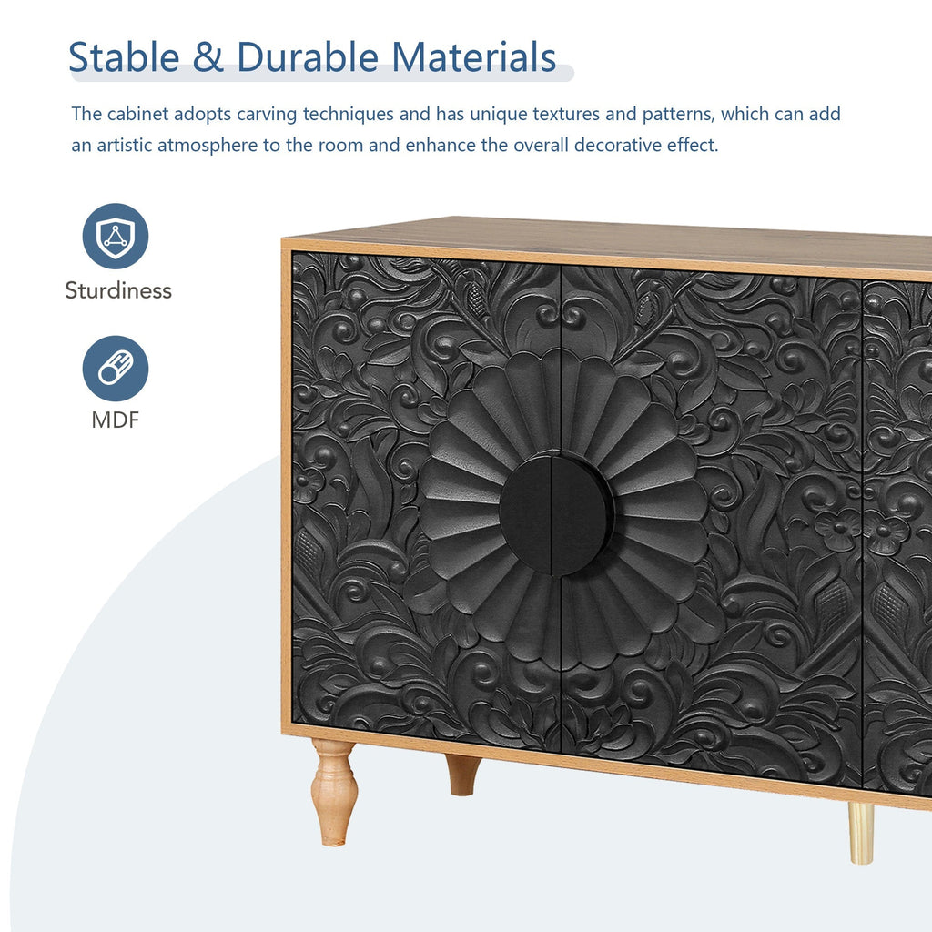 Black Carved Door TV Stand with Adjustable Shelves - Black & Natural