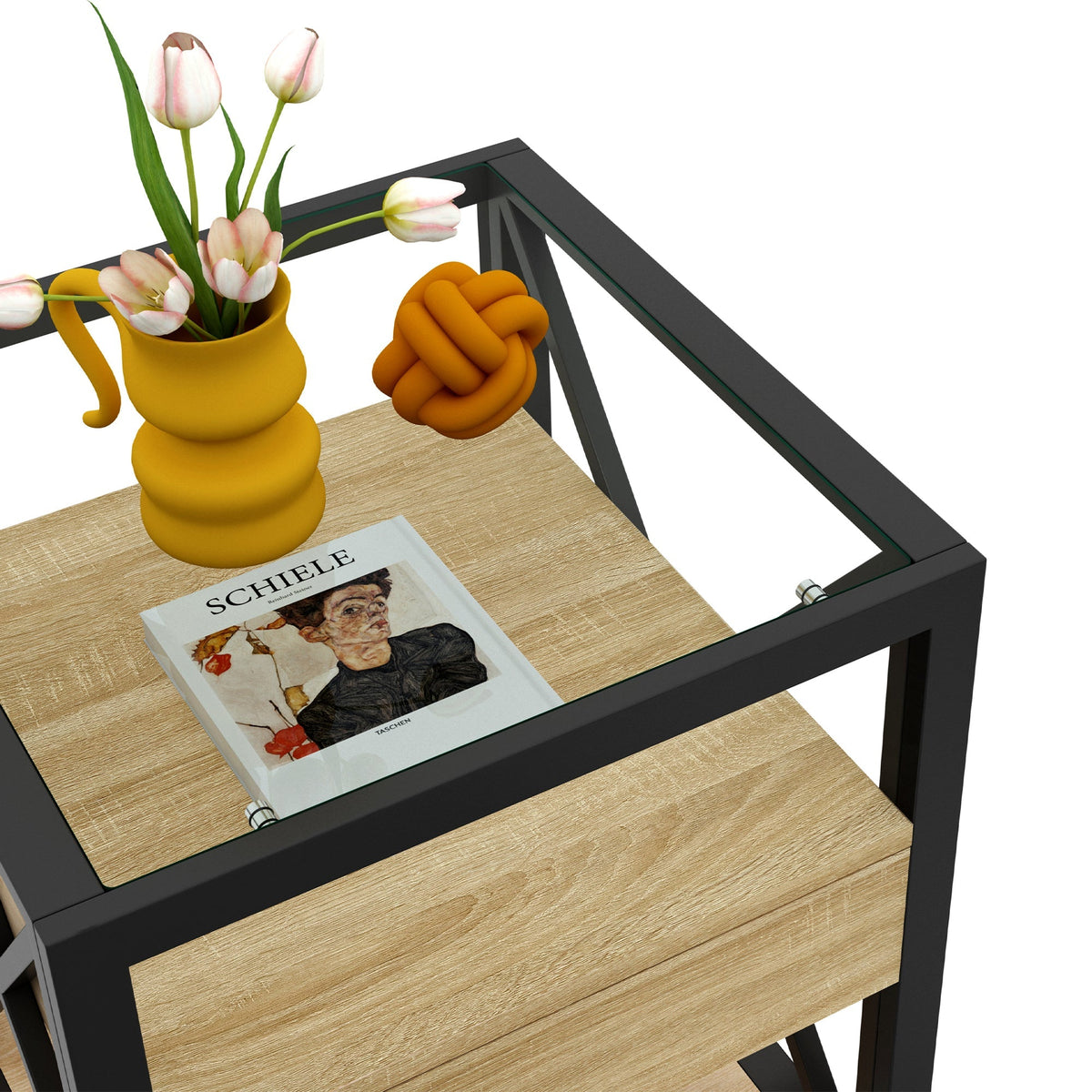 Modern End Tables with Drawer - Set of 2 Nightstands with Tempered Glass Top