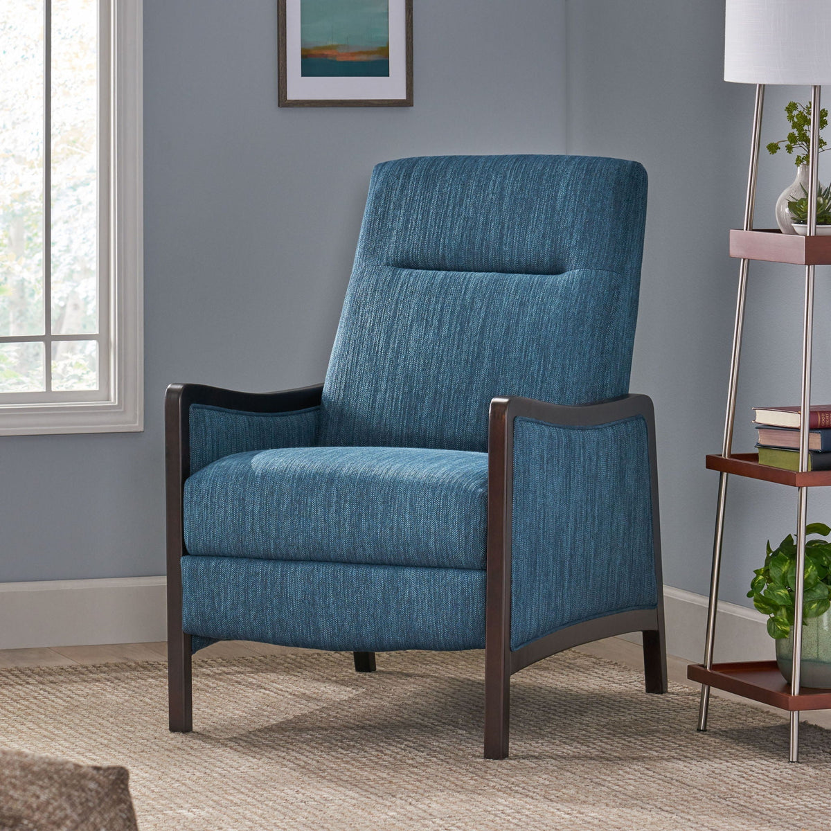 Drury Contemporary Fabric Upholstered Pushback Recliner with Birch Wood Legs - Blue or Beige