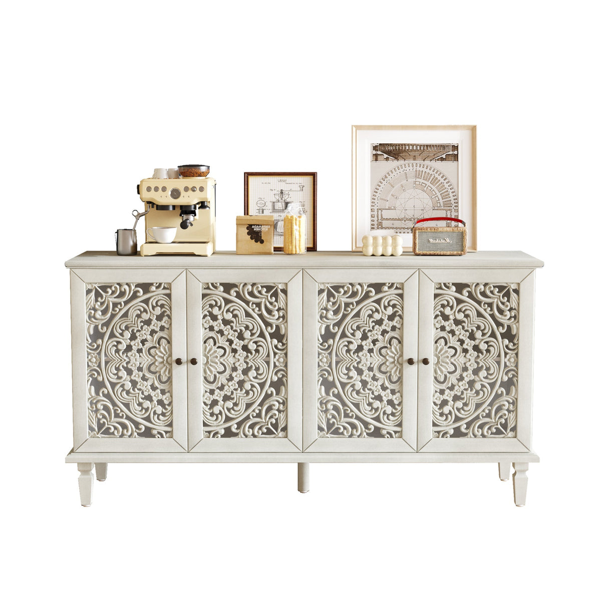 Antique Buffet Cabinet with Floral Carvings and Solid Wood Legs - Antique Grey White