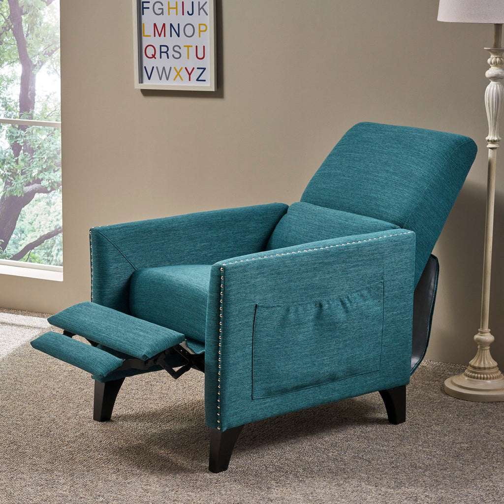 Kiersten Contemporary Fabric Pushback Recliner with Nailhead Trim - Gray, Light Blue, or Beige