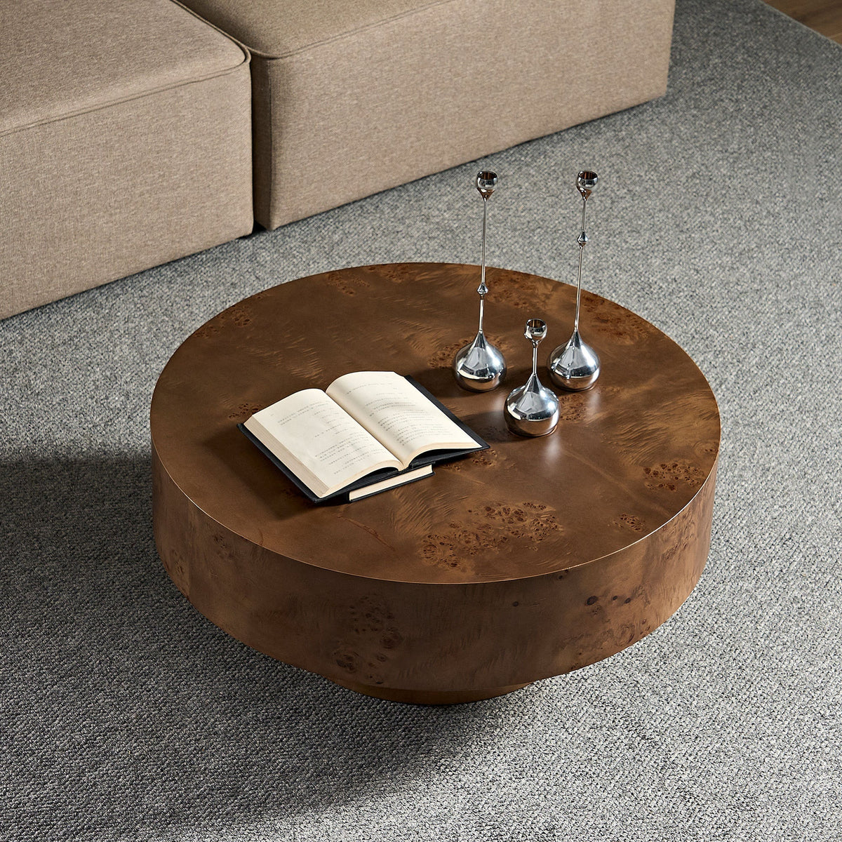 Walnut Burl Wood Veneer Round Coffee Table with Pedestal Base - Walnut
