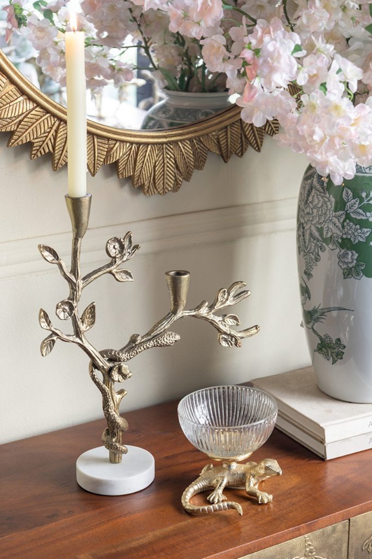 Gold Lizard Pedestal Bowl with Ribbed Glass Dish - Gold+Clear