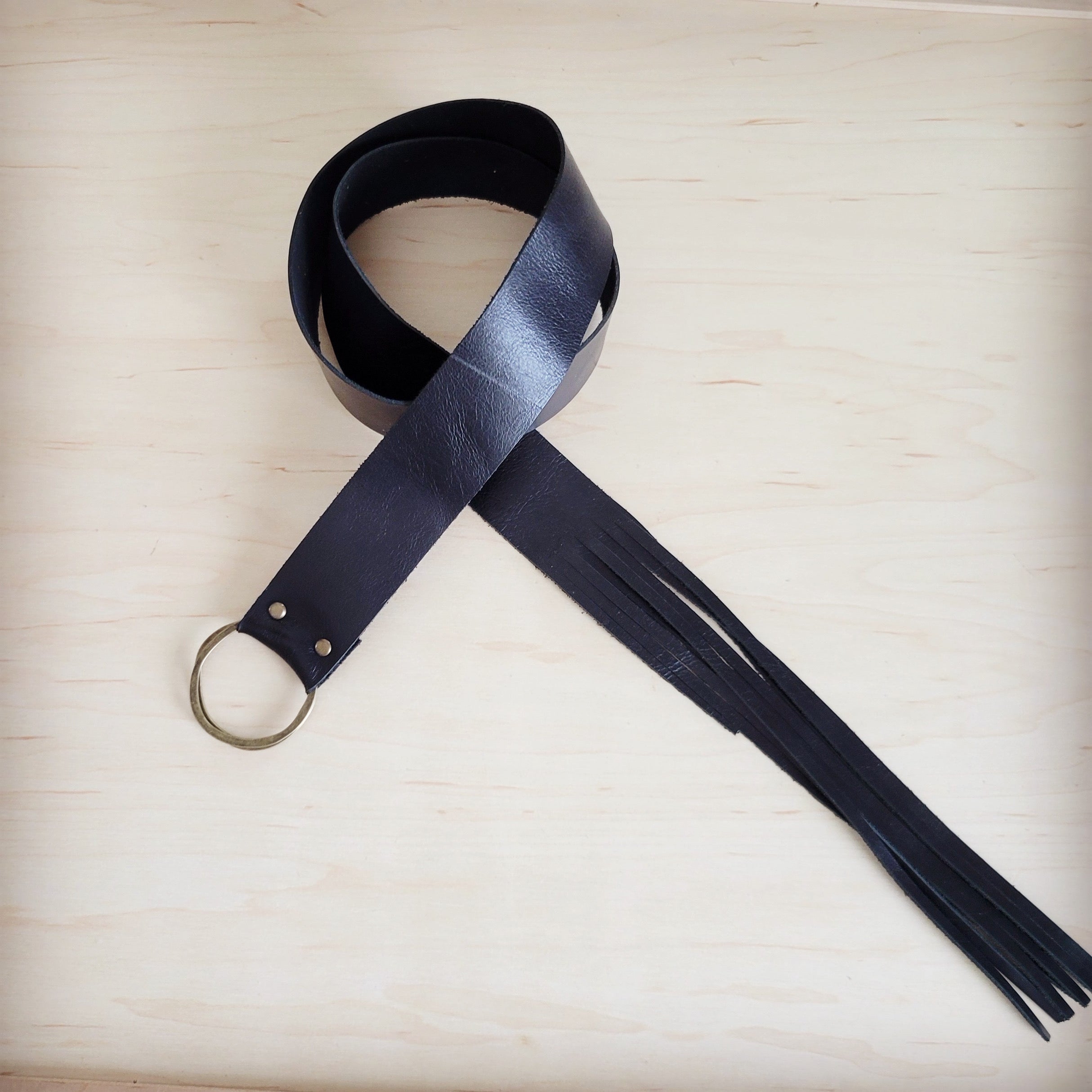 Black Leather Belt with Leather Fringe Closure 908v