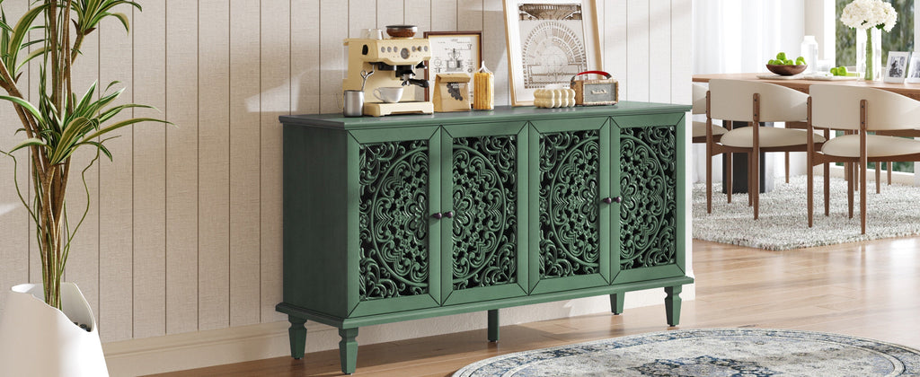 60-Inch Antique Buffet Cabinet with Floral Carvings - Antique Green