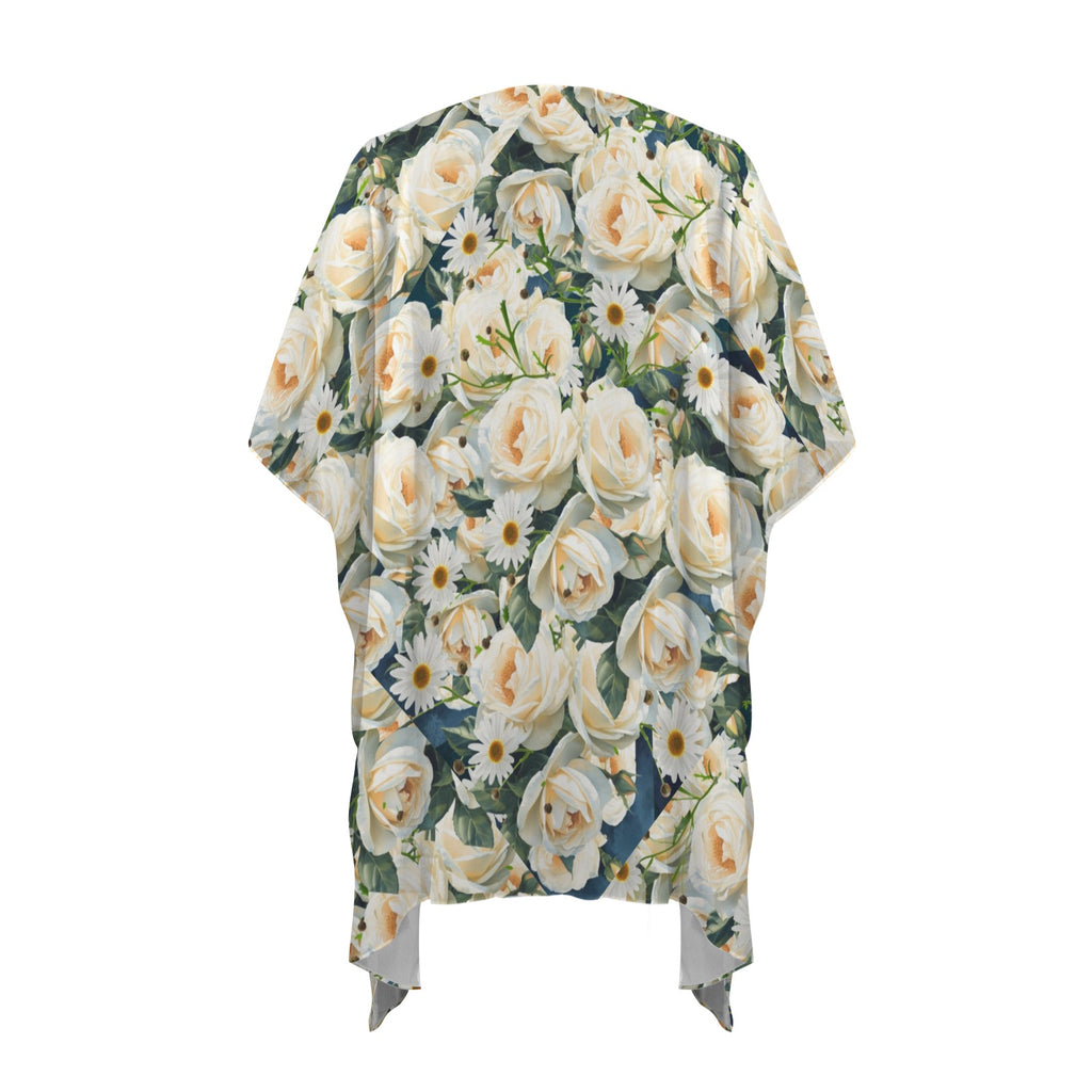 Floribunda and Indigo - Roses and Daisies -Chiffon Kimono - Women's Long Cover Up