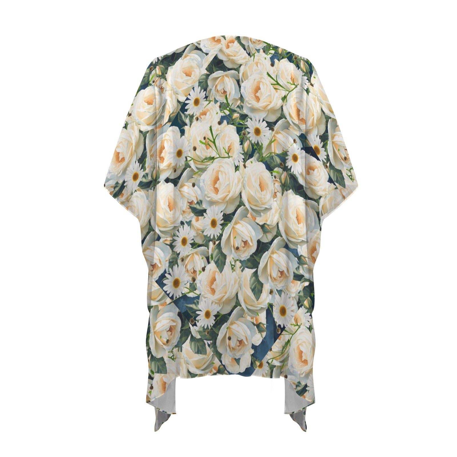Floribunda and Indigo - Roses and Daisies -Chiffon Kimono - Women's Long Cover Up
