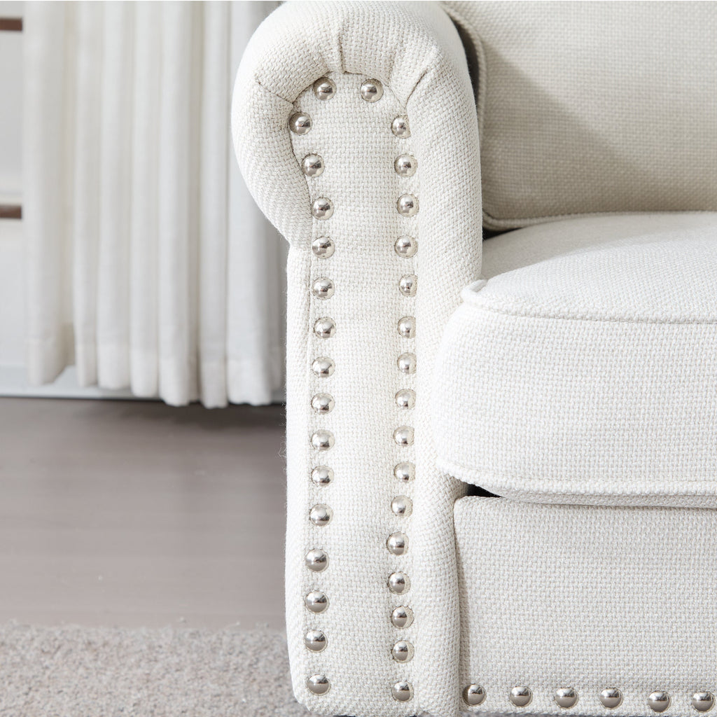 68 Inch Faux Leather Rolled Arm Sofa with Nailhead Trim - Beige