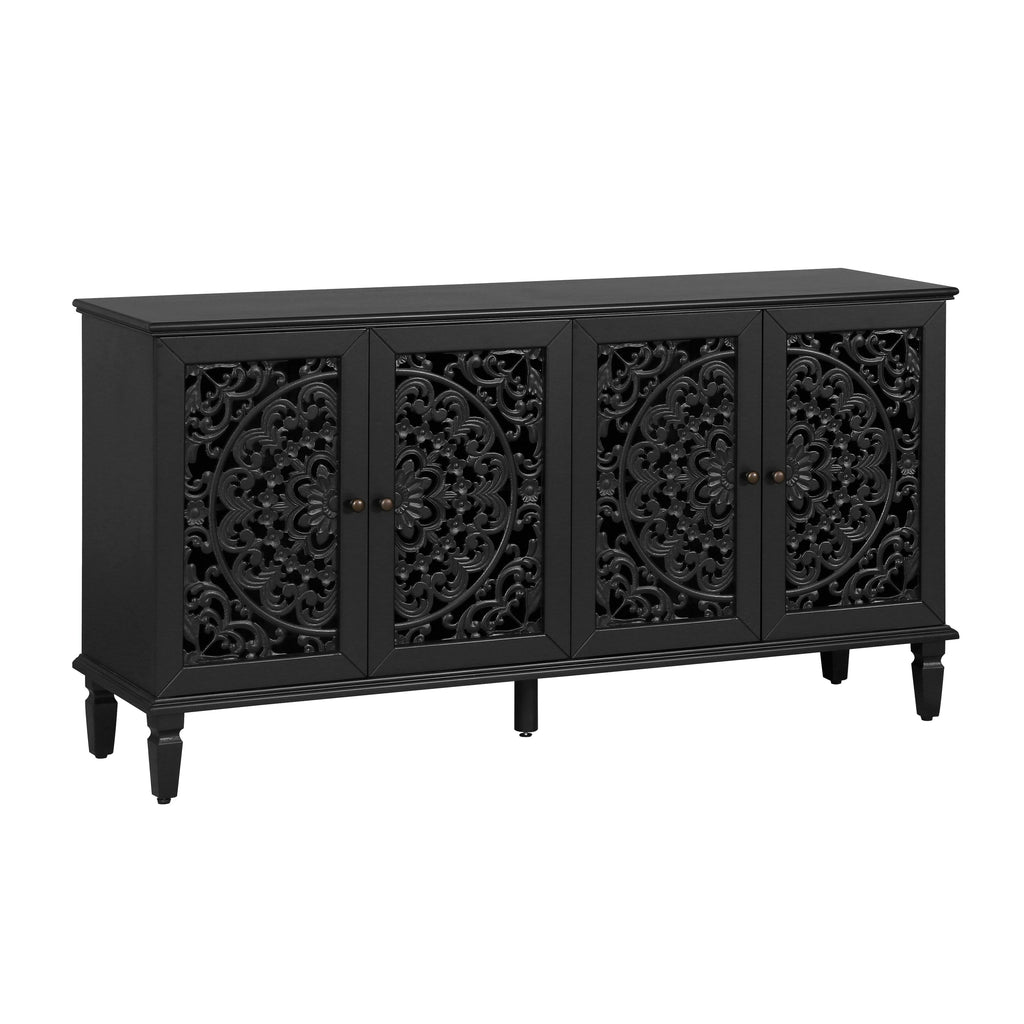 60" Antique Buffet Cabinet with Floral Carvings - Black
