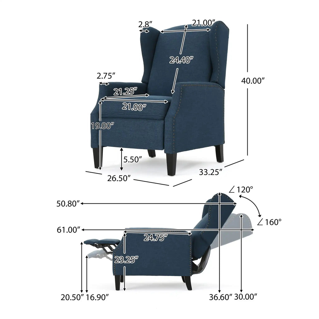 Westeros Wing Back Fabric Upholstered Recliner with Studded Trim – Multiple Colors