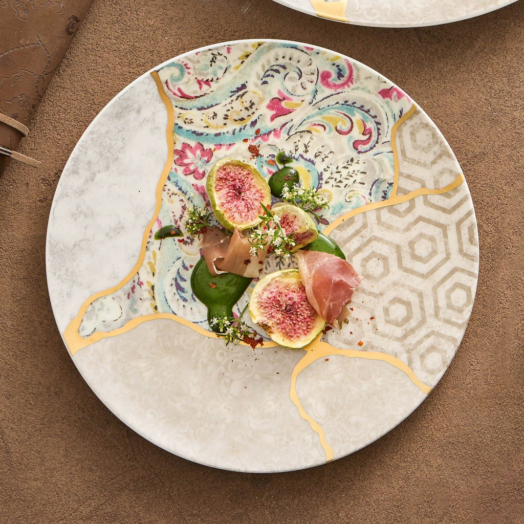 Silk Brocade Gold-Thread Shallow Plate — Artisanal Porcelain
