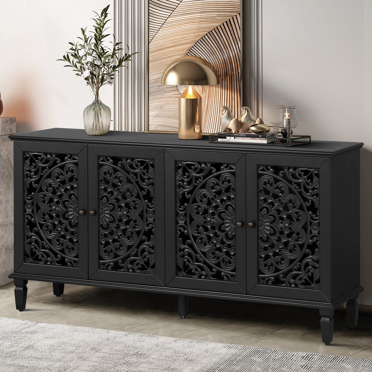 60" Antique Buffet Cabinet with Floral Carvings - Black