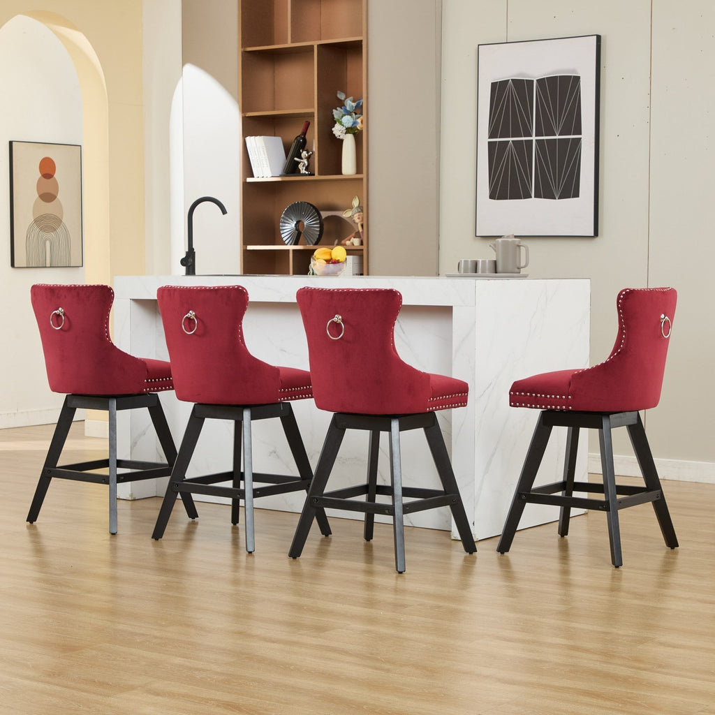 Swivel Velvet Barstools with Button Tufted Decoration - Set of 2 with 360° Swivel - Wine Red