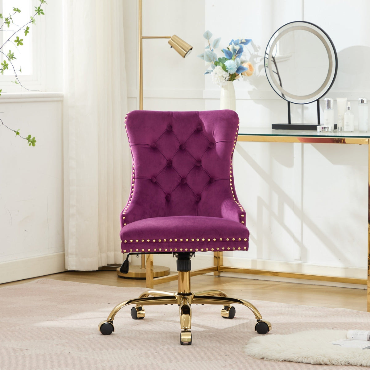 Purple Modern Velvet Upholstered Office Chair with Tufted Buttons - Golden Accents
