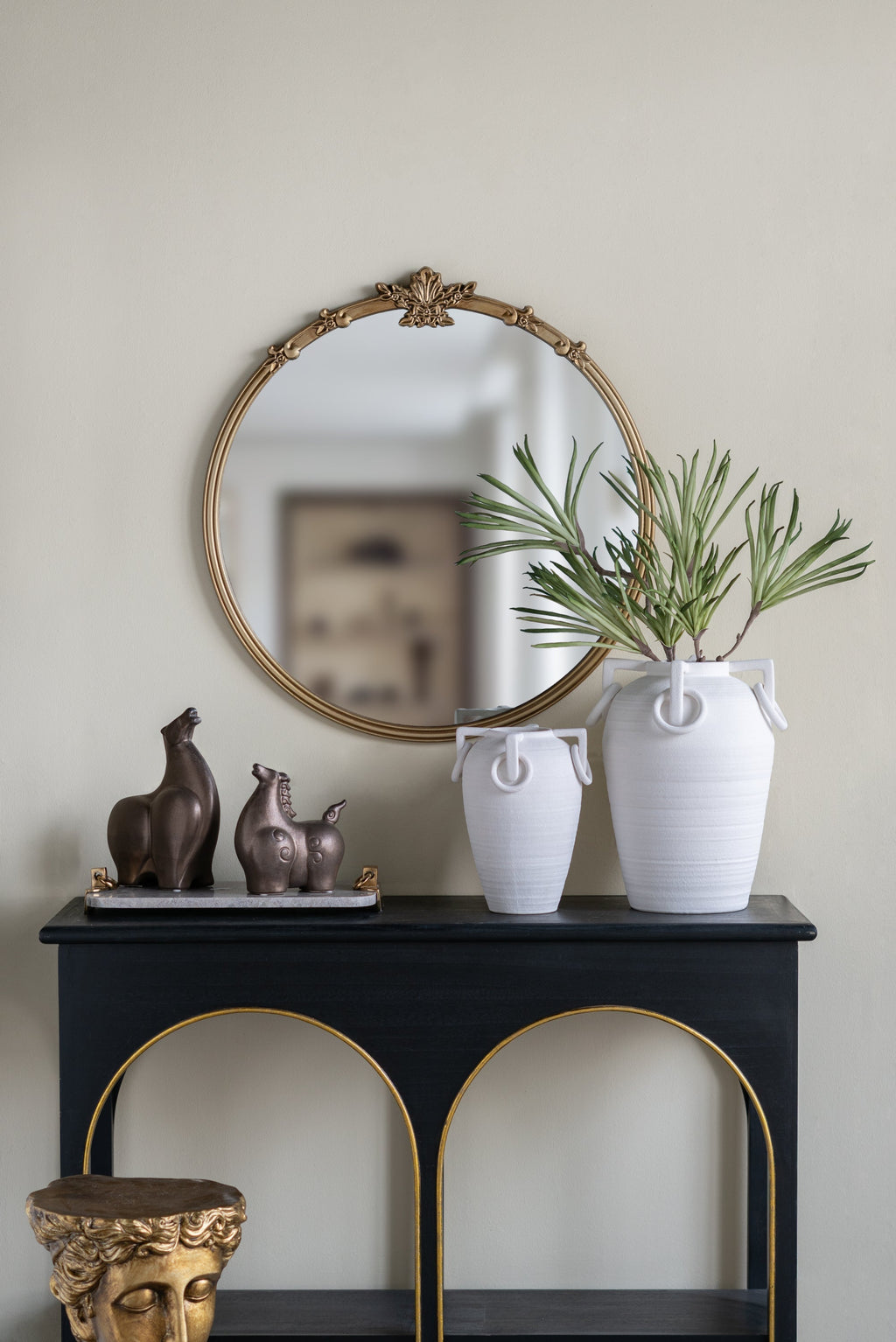 30x31" Round Wall Mirror with Gold Finish and Decorative Leaf Crest