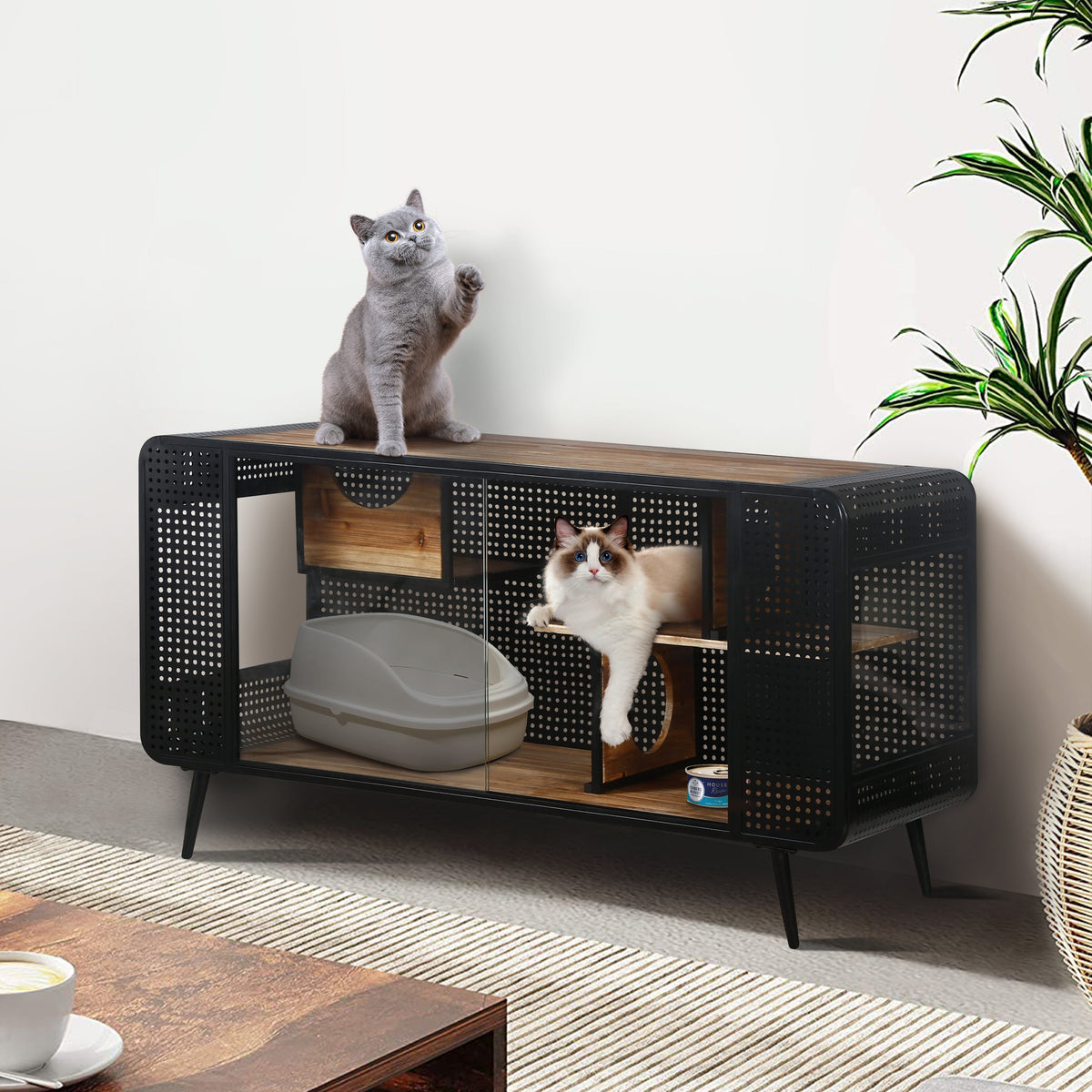 Modern Spacious Cat House with Fir Wood and Iron Frame - Black & Brown