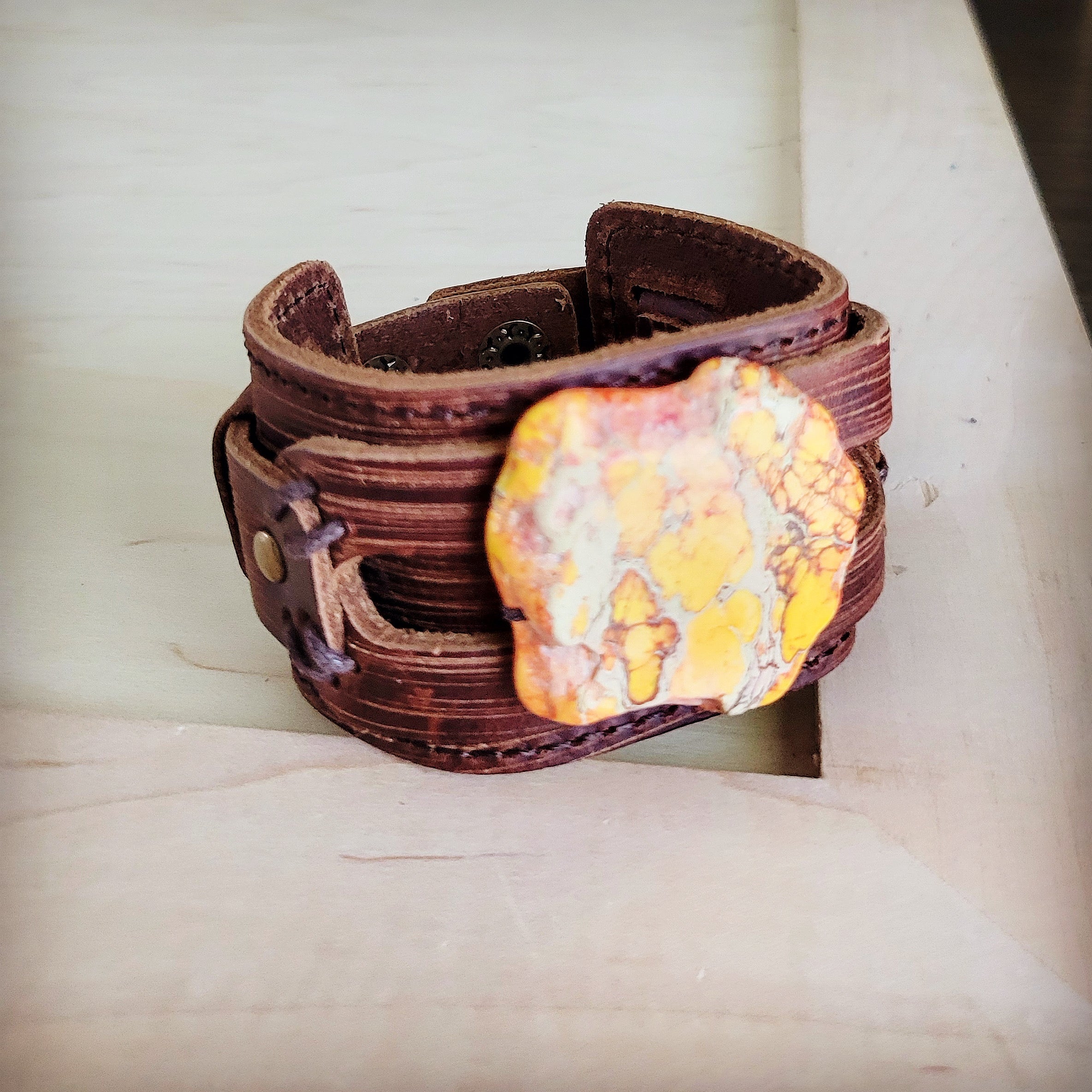 Genuine Leather Wide Cuff Bracelet w/ Orange Regalite Slab 007e