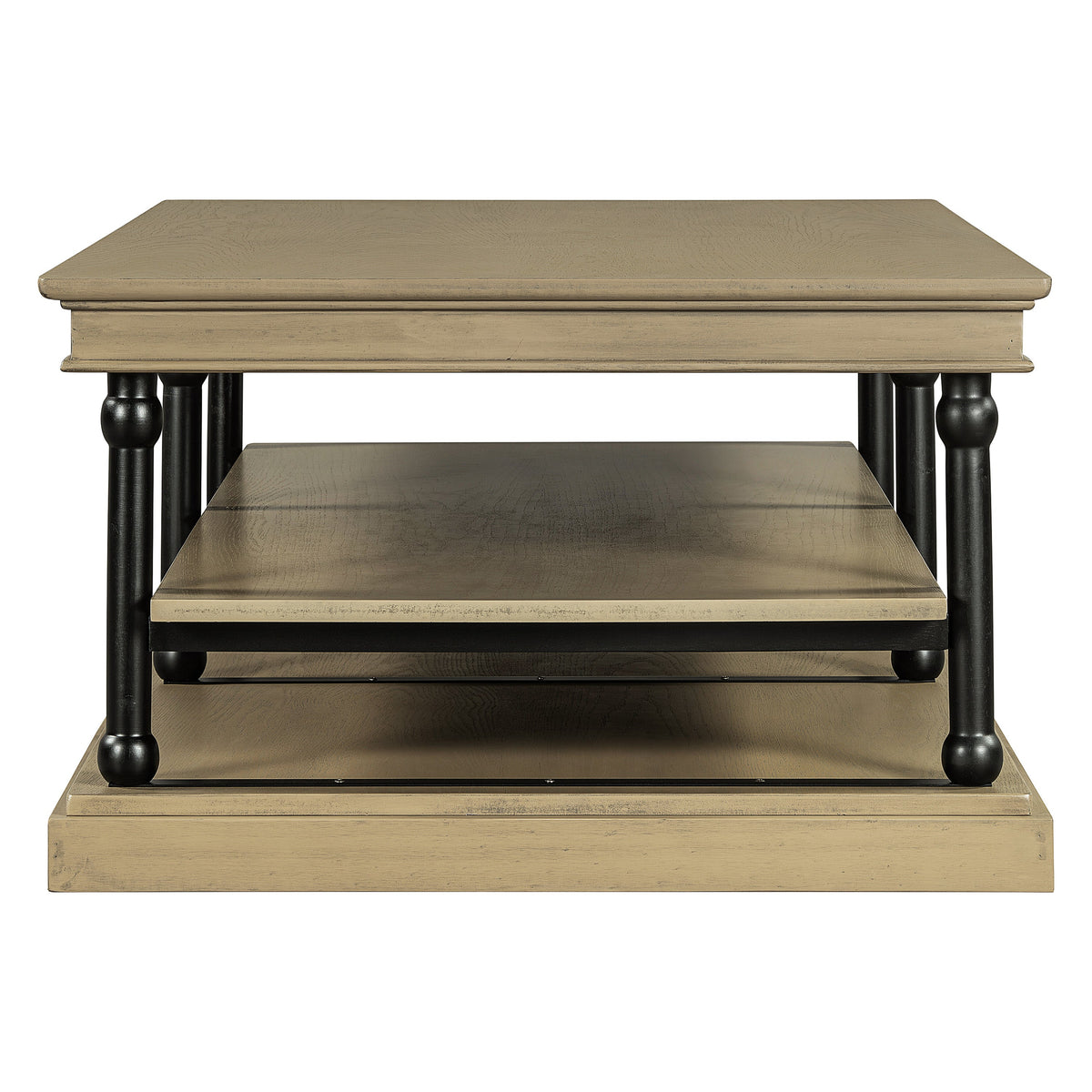 Wood Coffee Table with Black Legs and Open Storage Shelves - Brown