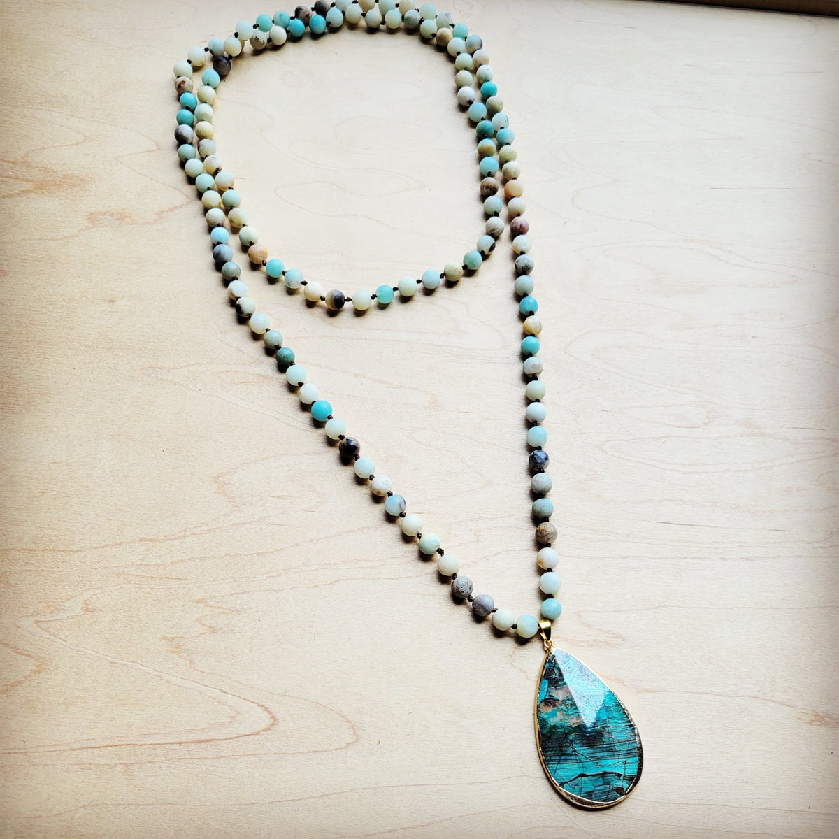 Frosted Amazonite Long Beaded Necklace with Agate Pendant 260o