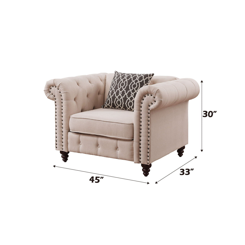 Linen Arm Chair with Button-Tufted Design and Pillow - Beige