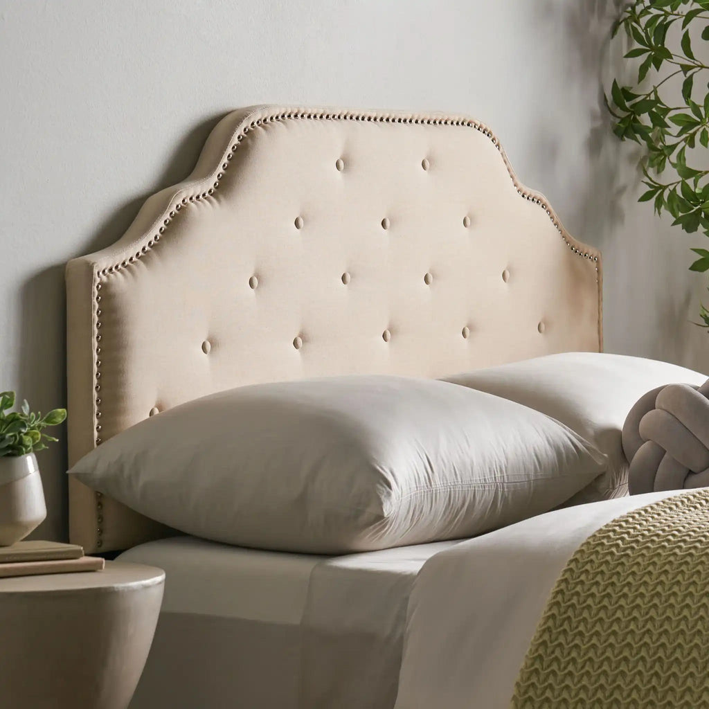 Luella Button Tufted Upholstered Headboard with Fabric Finish – Queen, Beige, Gray, Dark Gray