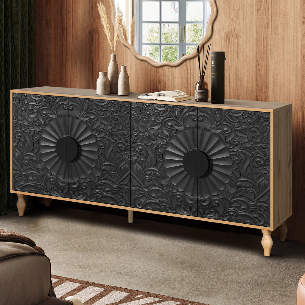 Black Carved Door TV Stand with Adjustable Shelves - Black & Natural