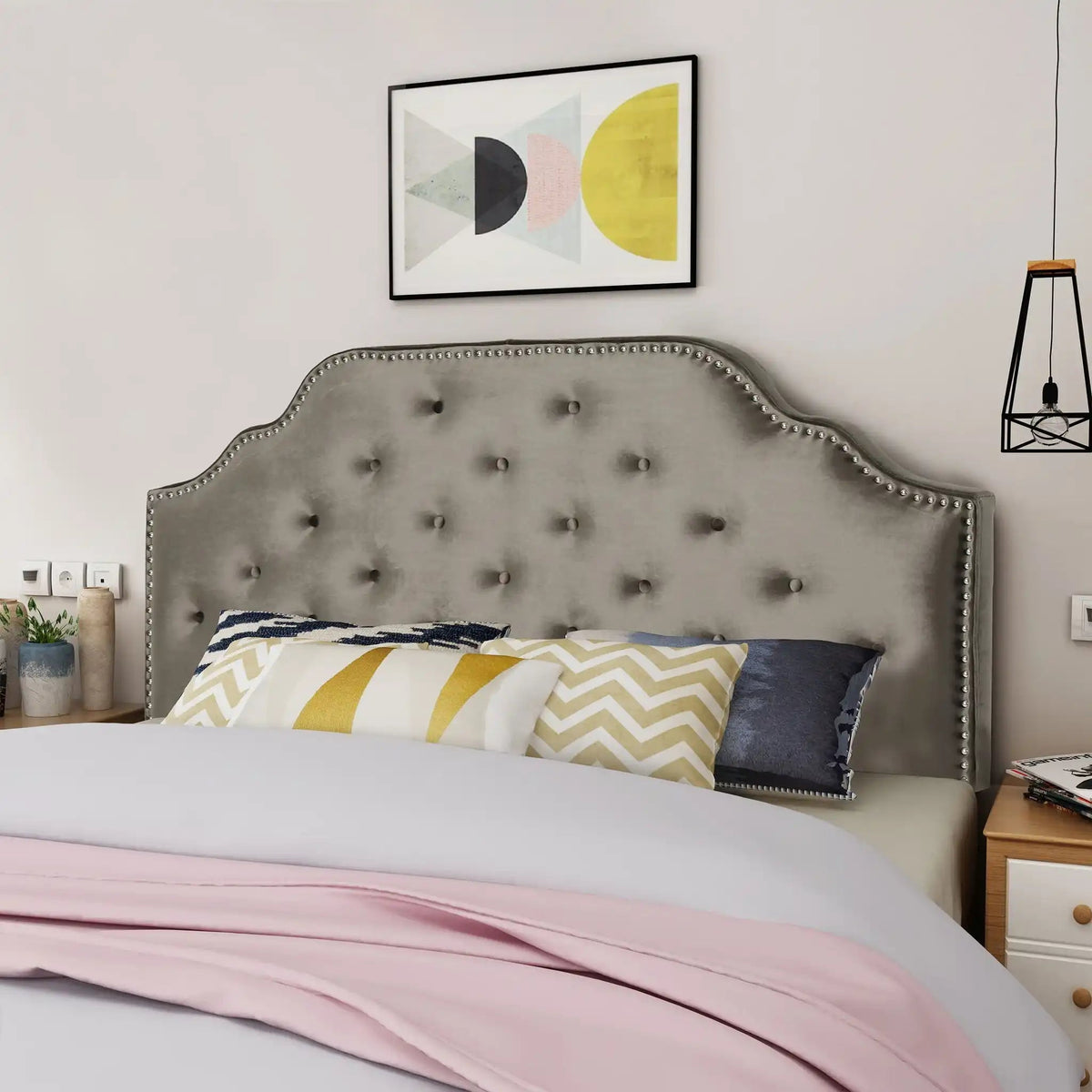 Luella Button Tufted Upholstered Headboard with Fabric Finish – Queen, Beige, Gray, Dark Gray