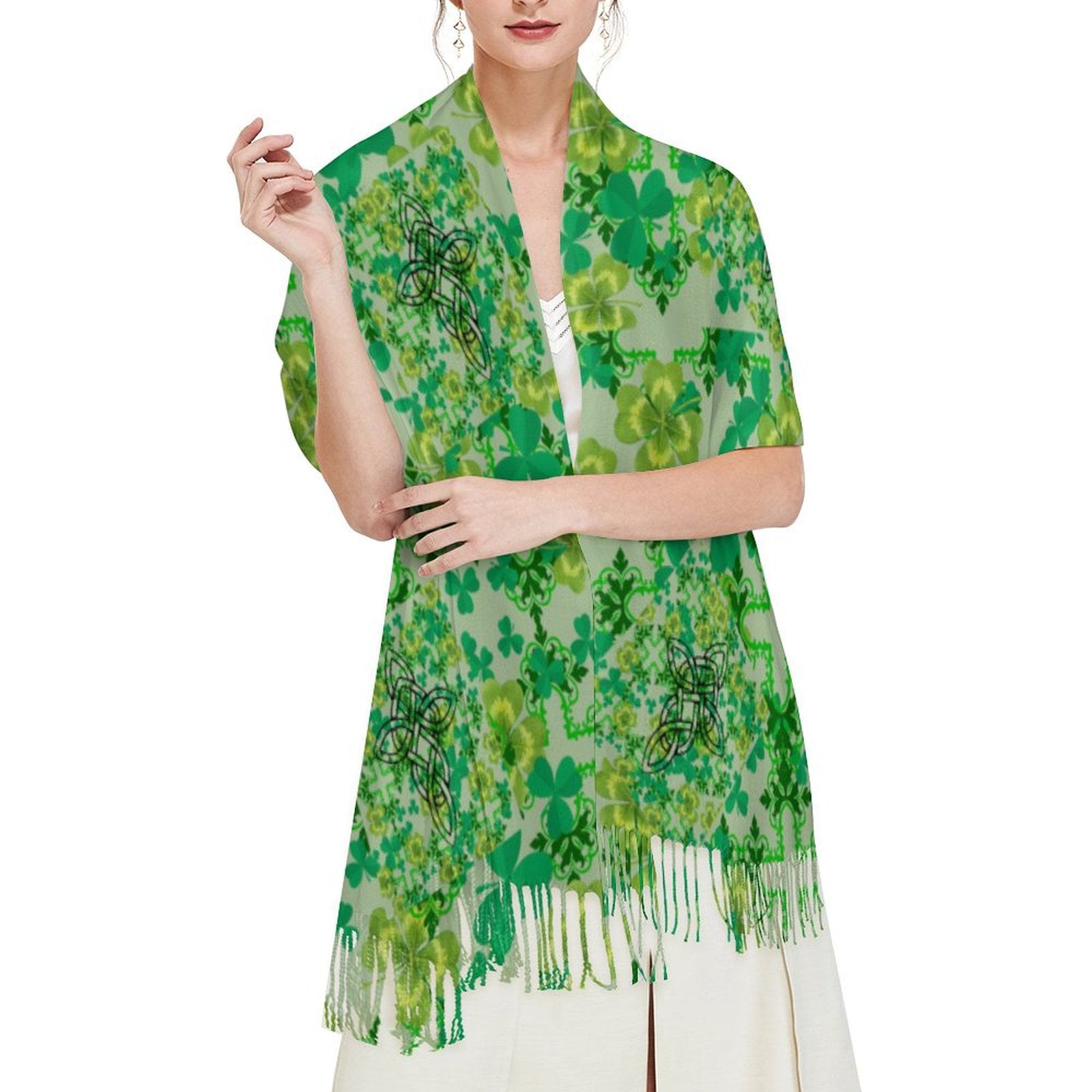 Clover and Celtic Crosses Tassel Scarf - Exclusive to Back Alley